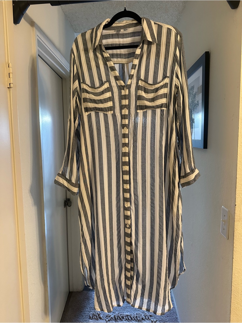 blue island Vertical Striped Button-Down Shirt Dress in Blue & White